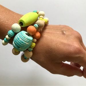 Bracelet, necklace, small batch, wood and acrylic beads, teal, green, yellow